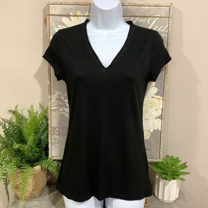 BANANA REPUBLIC Black V-neck Tee with layered chiffon neckline S